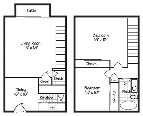Floor plan for 2 beds, 1.5 baths, 1084 sqft